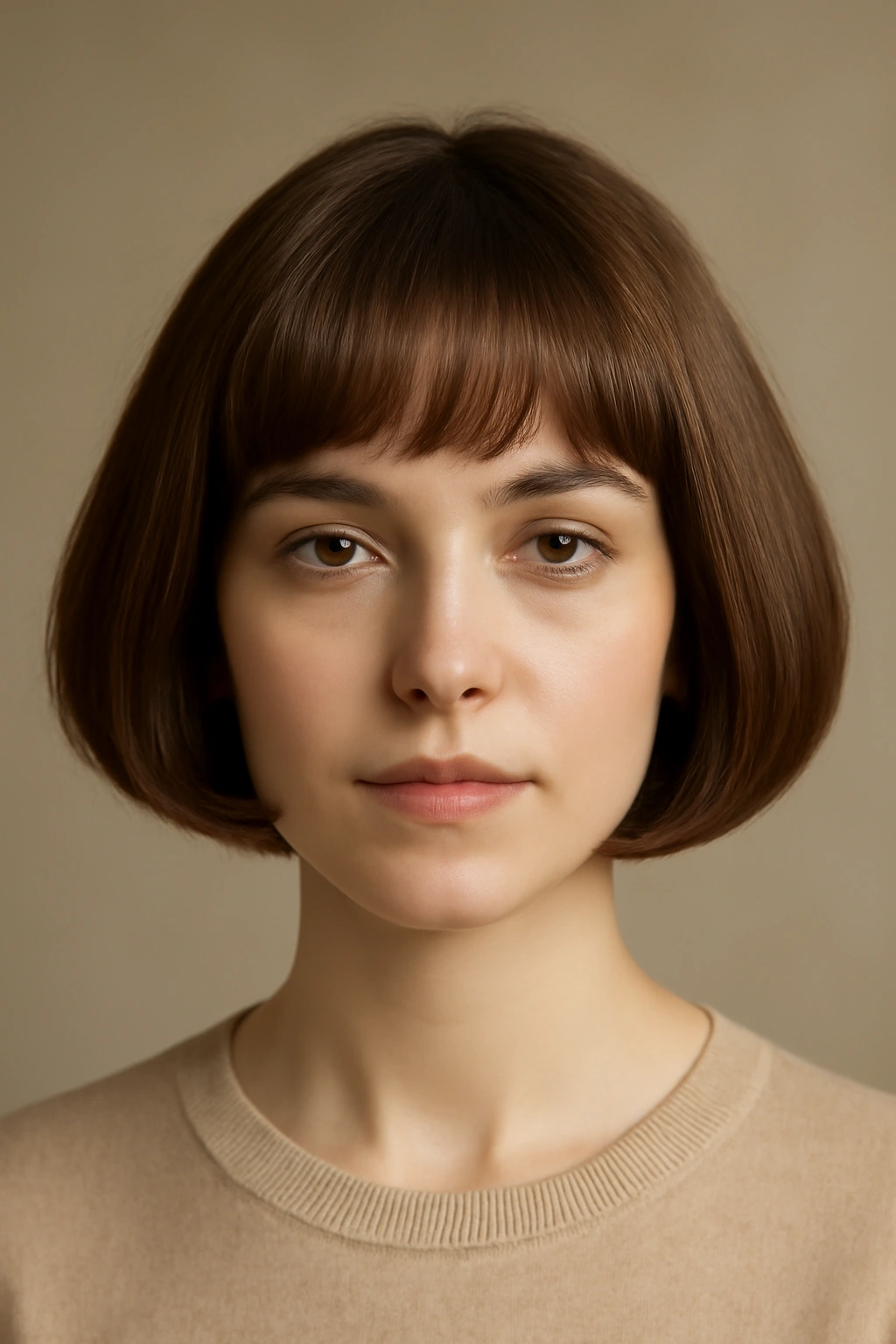 25 Hairstyles For Women Sorted By Length 5 Portrait of a person with a rounded bob and curved bangs framing the face.