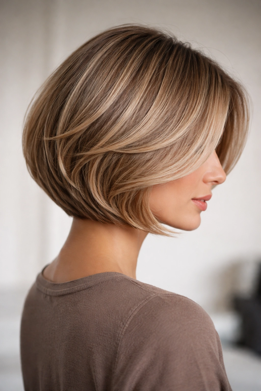 Three-quarter view of rounded bob with curved layers