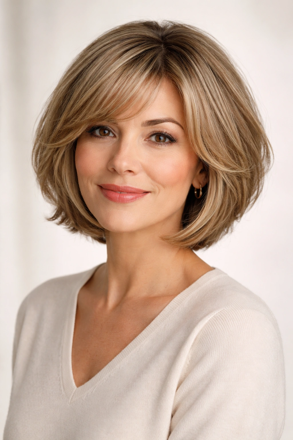 15 Short Haircuts For Women In Their 40s And 50s 8 Portrait of a woman with a rounded bob with feathered layers and soft waves.