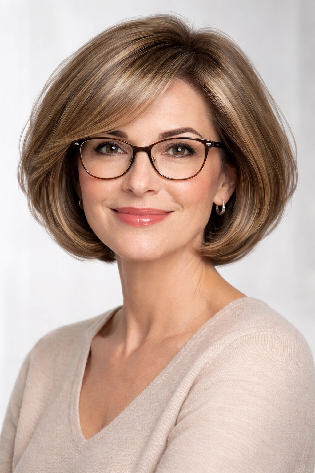Portrait of a woman with rounded bob hairstyle and glasses in studio light