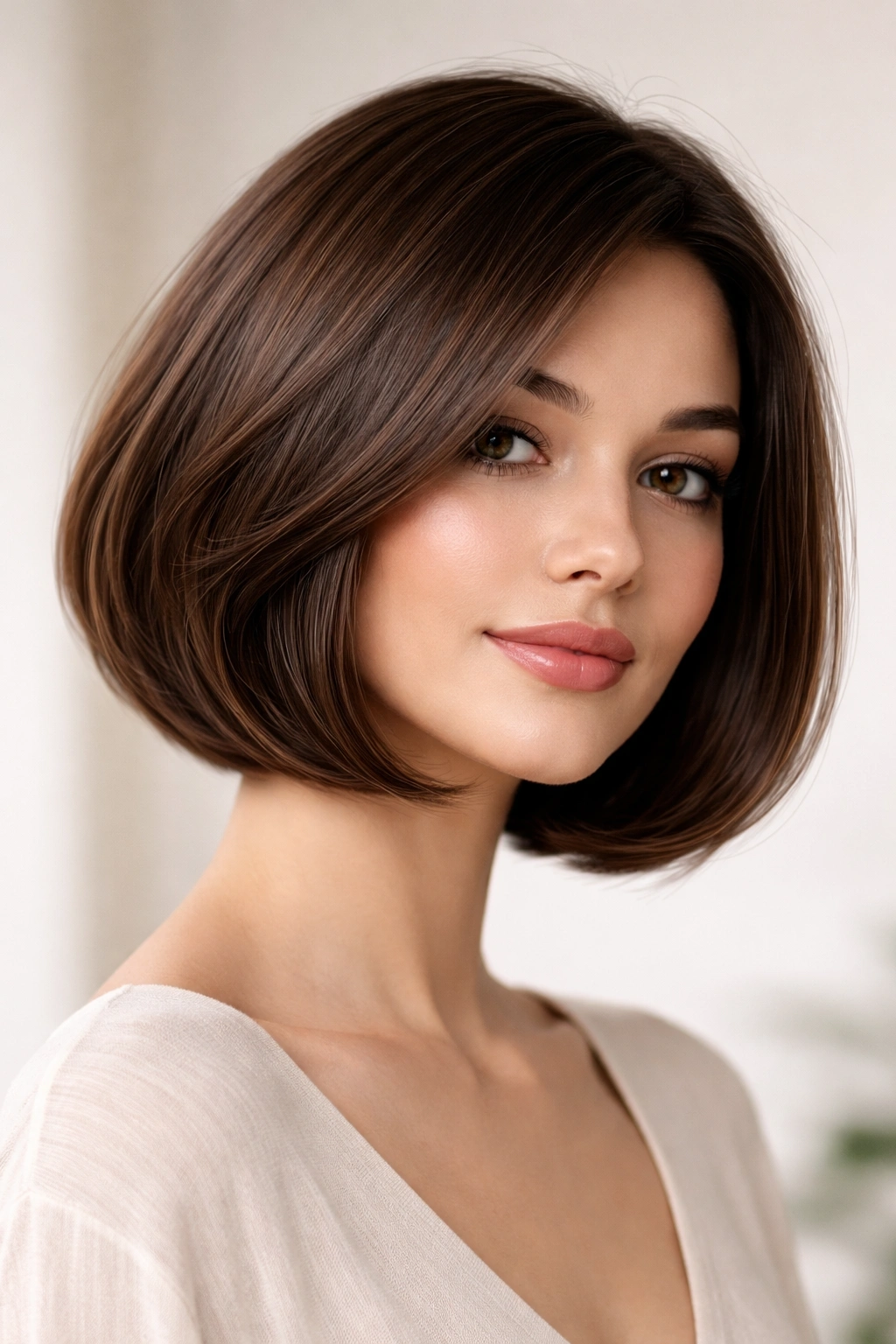 Rounded shoulder-length bob with a soft curved silhouette