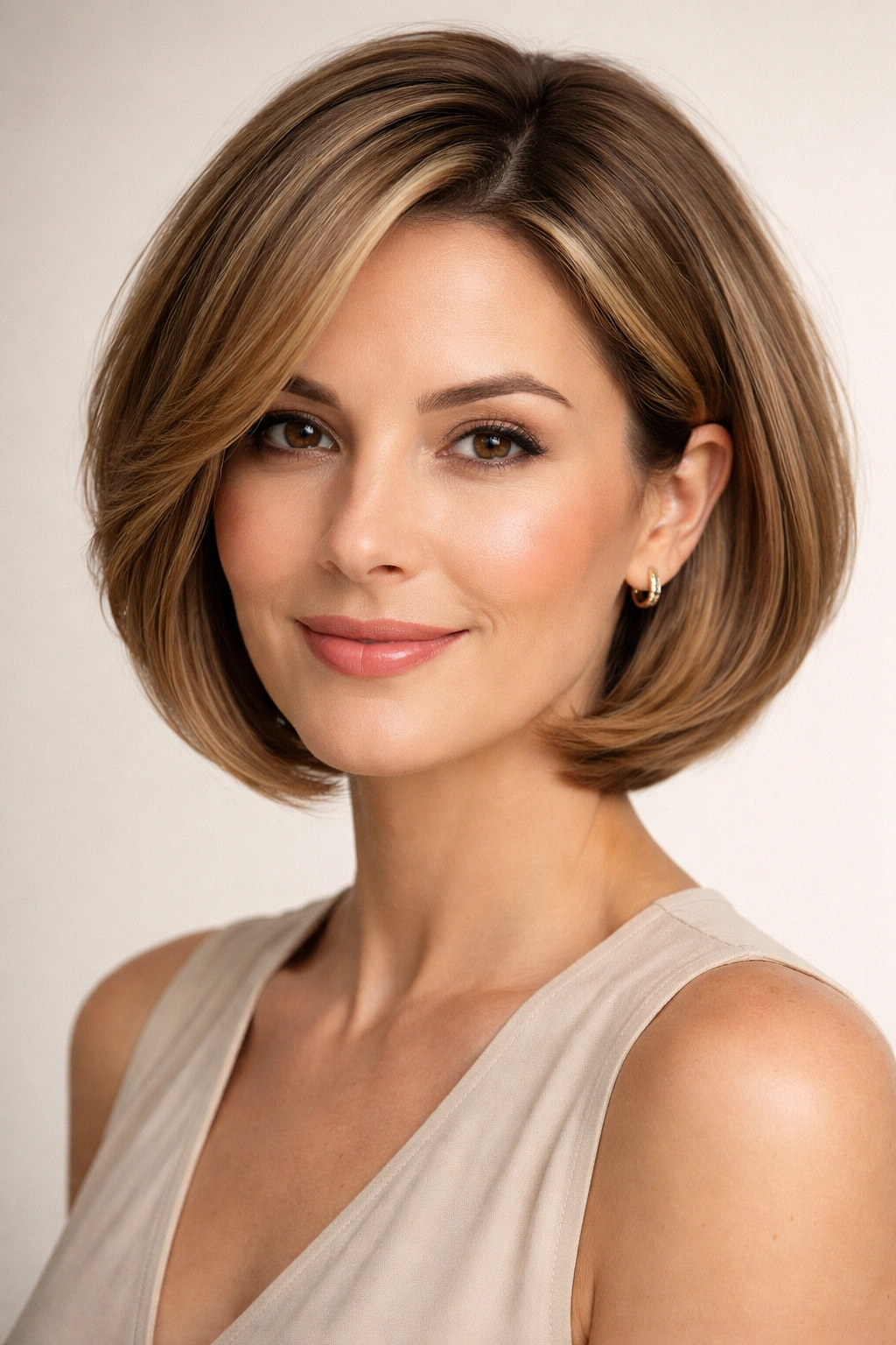 Portrait of a person with a rounded bob following facial contours.