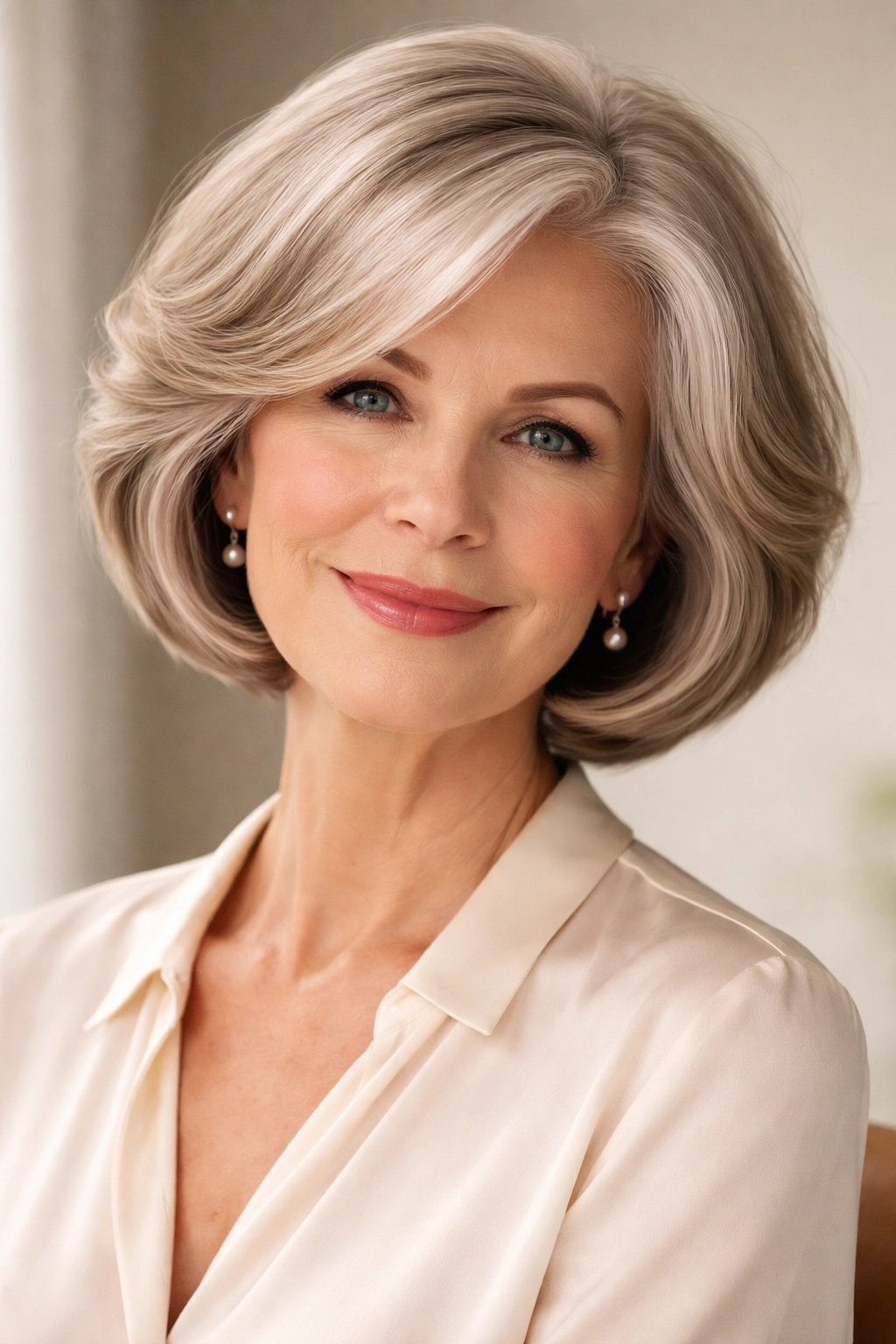 20 Haircuts For Women Over 60 By Face Shape 15 Rounded bob framing a heart-shaped face with side fullness and soft edges.