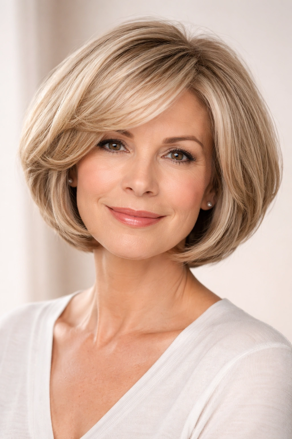 Portrait of rounded bob framing jawline with soft waves and volume