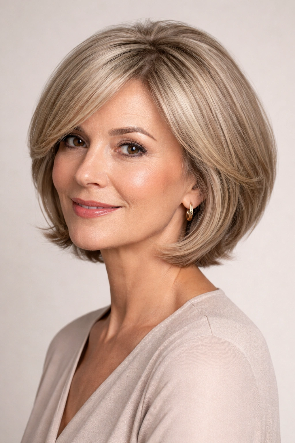 Rounded bob with layered ends and curved silhouette