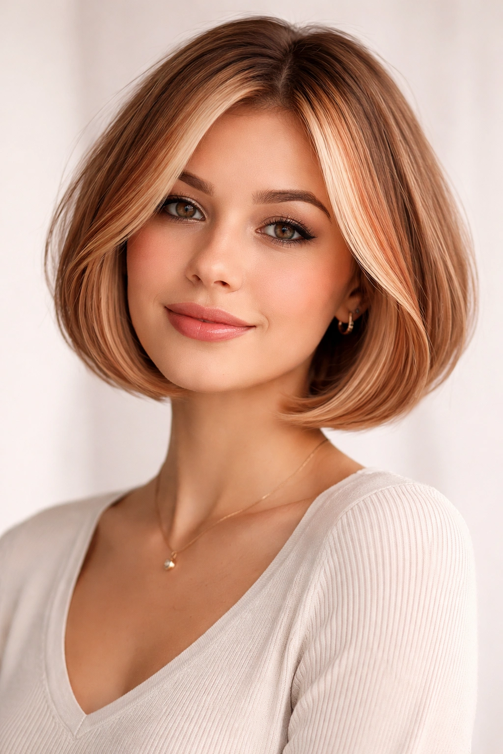 Rounded bob with strawberry blonde money piece highlights adding warmth.