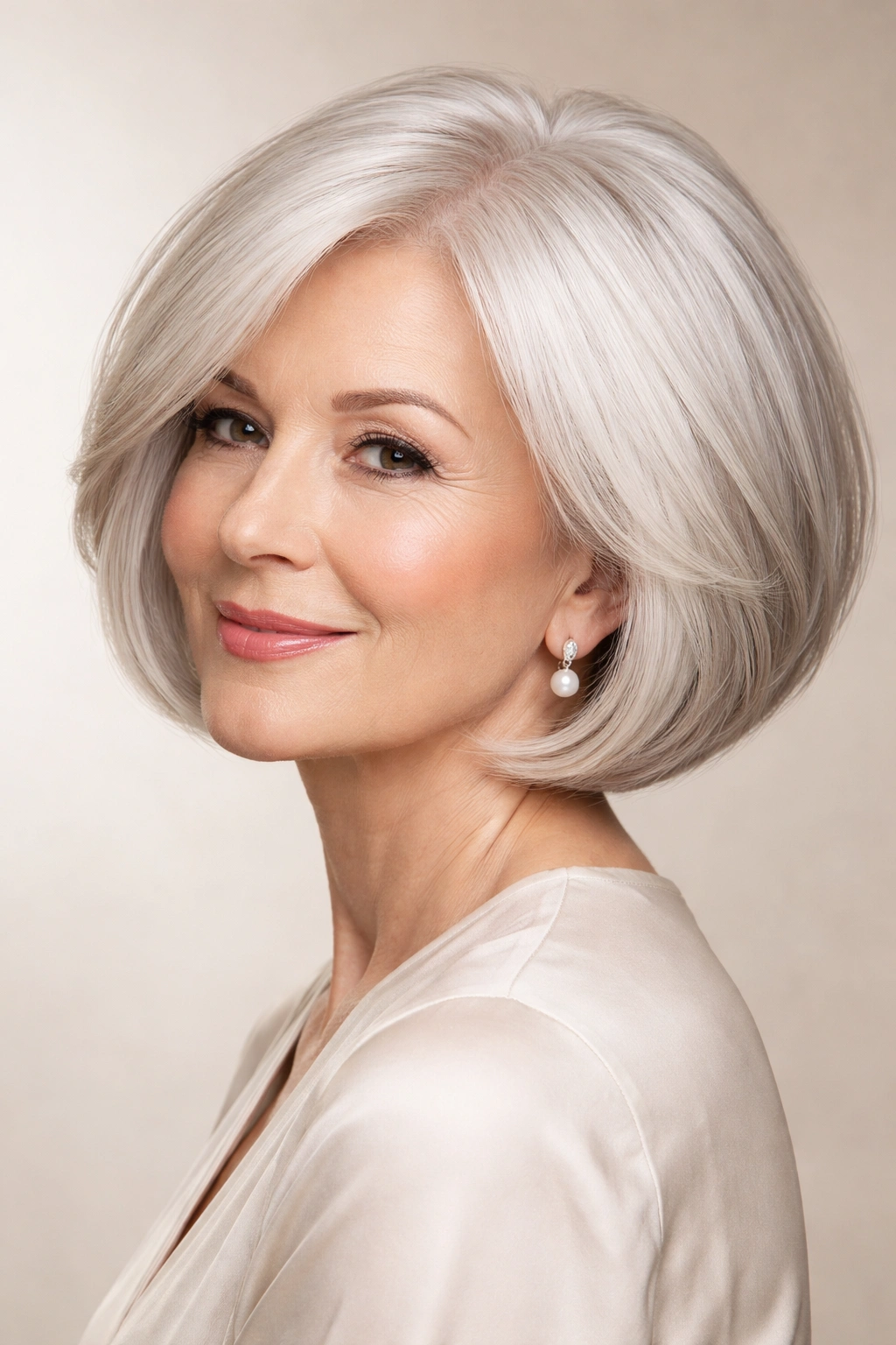 Portrait of silver hair in a rounded bob