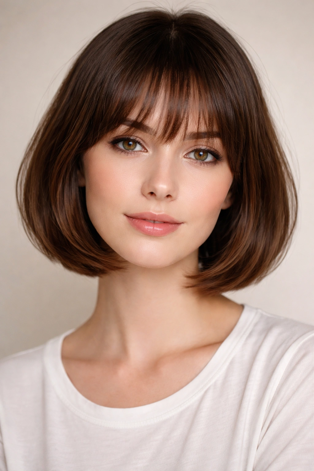 18 Bob Haircuts With Bangs Matched To Face Shape 11 Portrait of a model with rounded bob and soft bangs for long oval faces