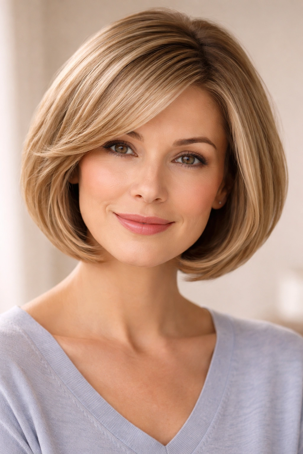 Rounded bob with soft layers and gentle curvature.