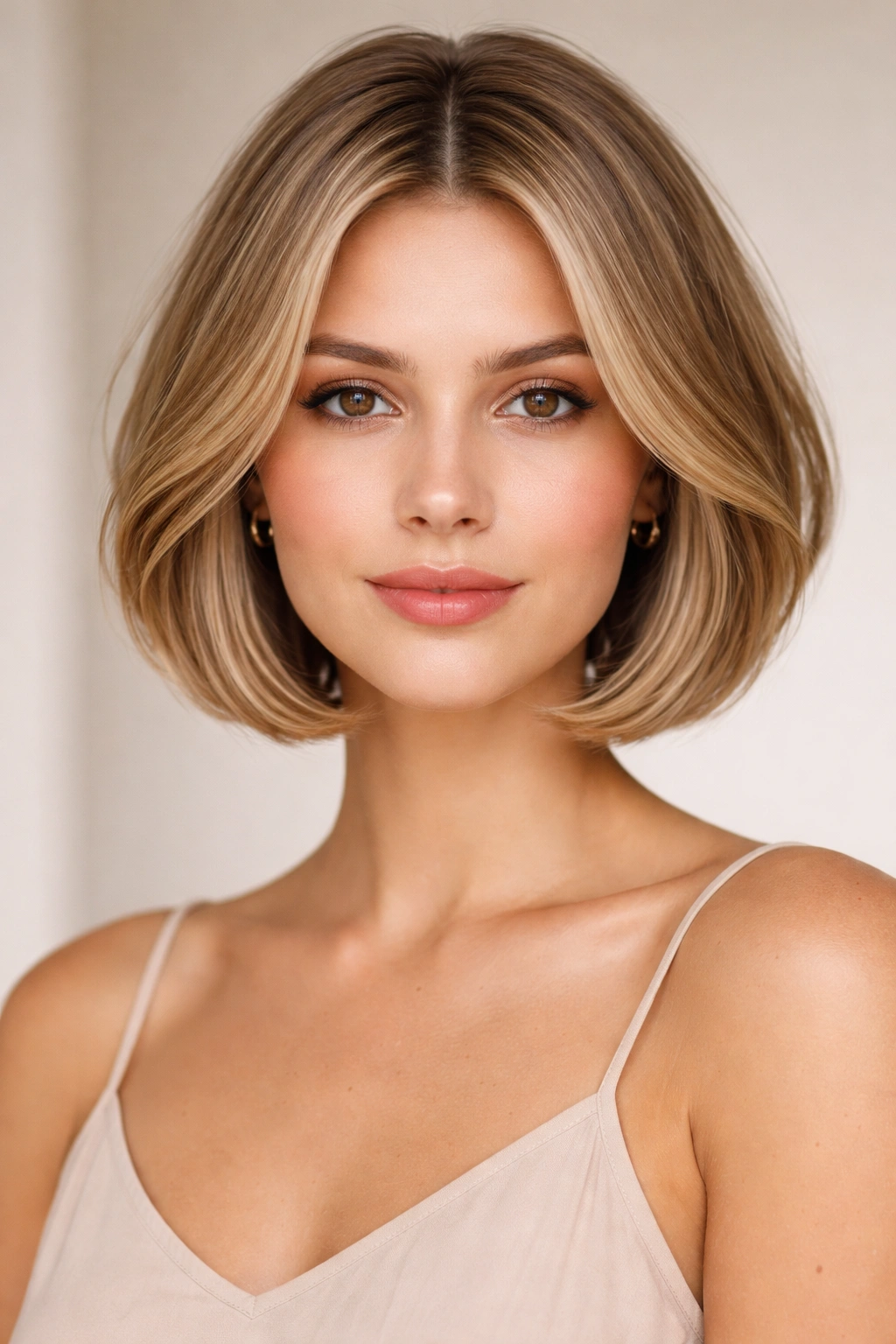 12 Middle Part Short Haircuts To Try At Your Next Cut 7 Close-up of a rounded bob with soft layers and a middle part.