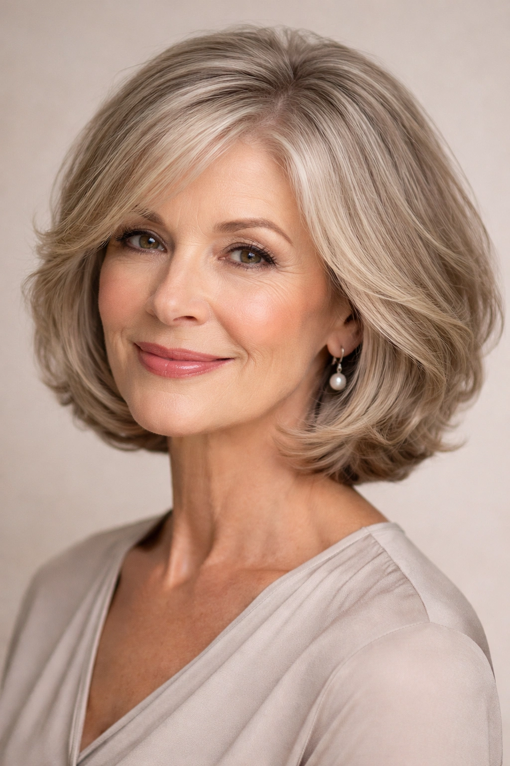 Front-three-quarter view of a rounded bob with soft waves