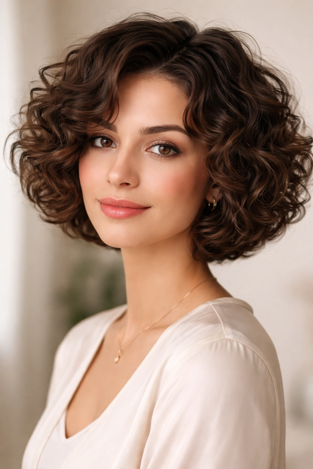 Person with rounded curly bob softening square jawline