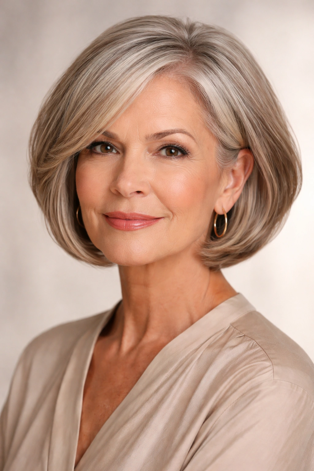 Older woman with a rounded bob that softens a square jawline.