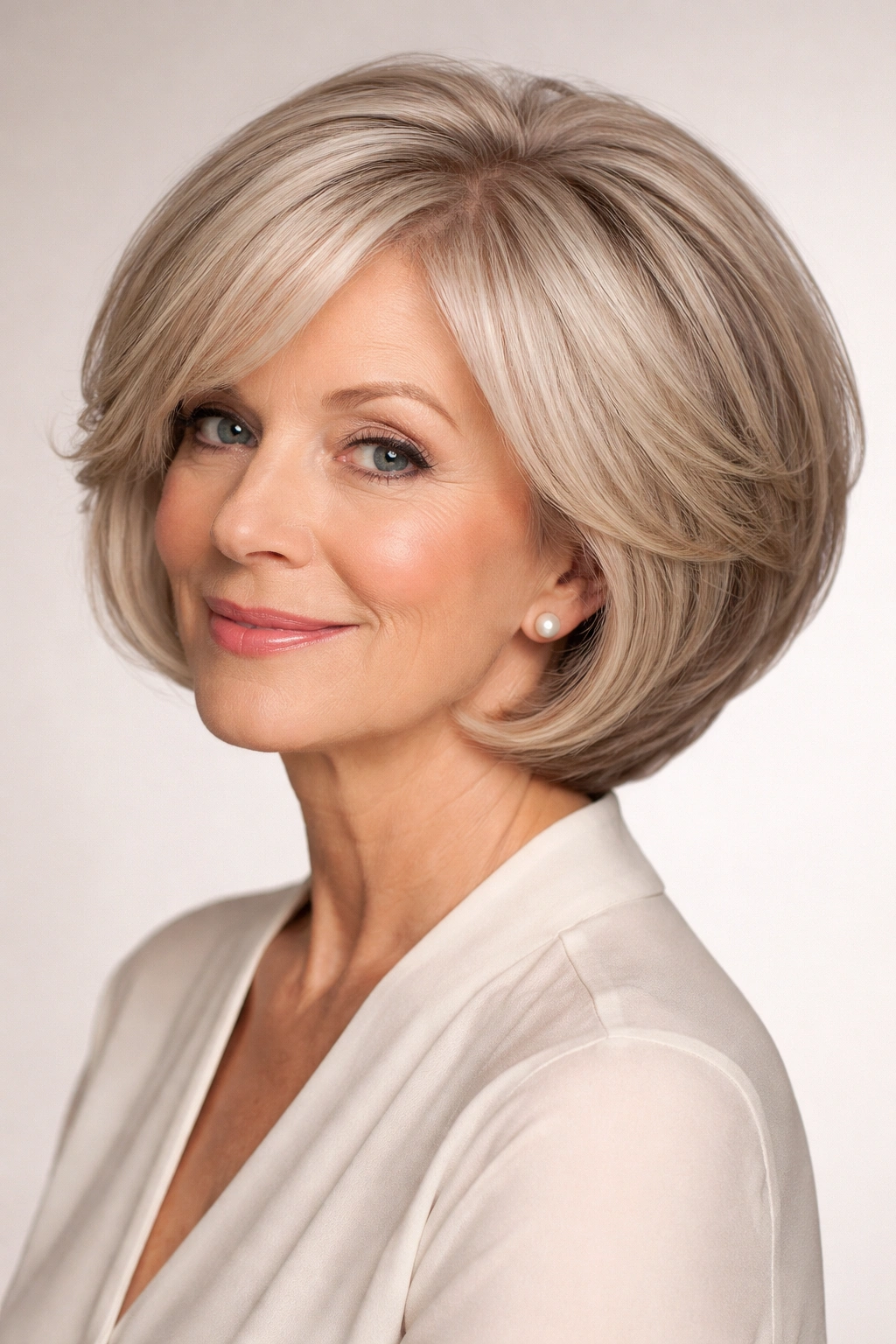 Close-up of a woman with a rounded bob featuring stacked back layers and soft face-framing front.