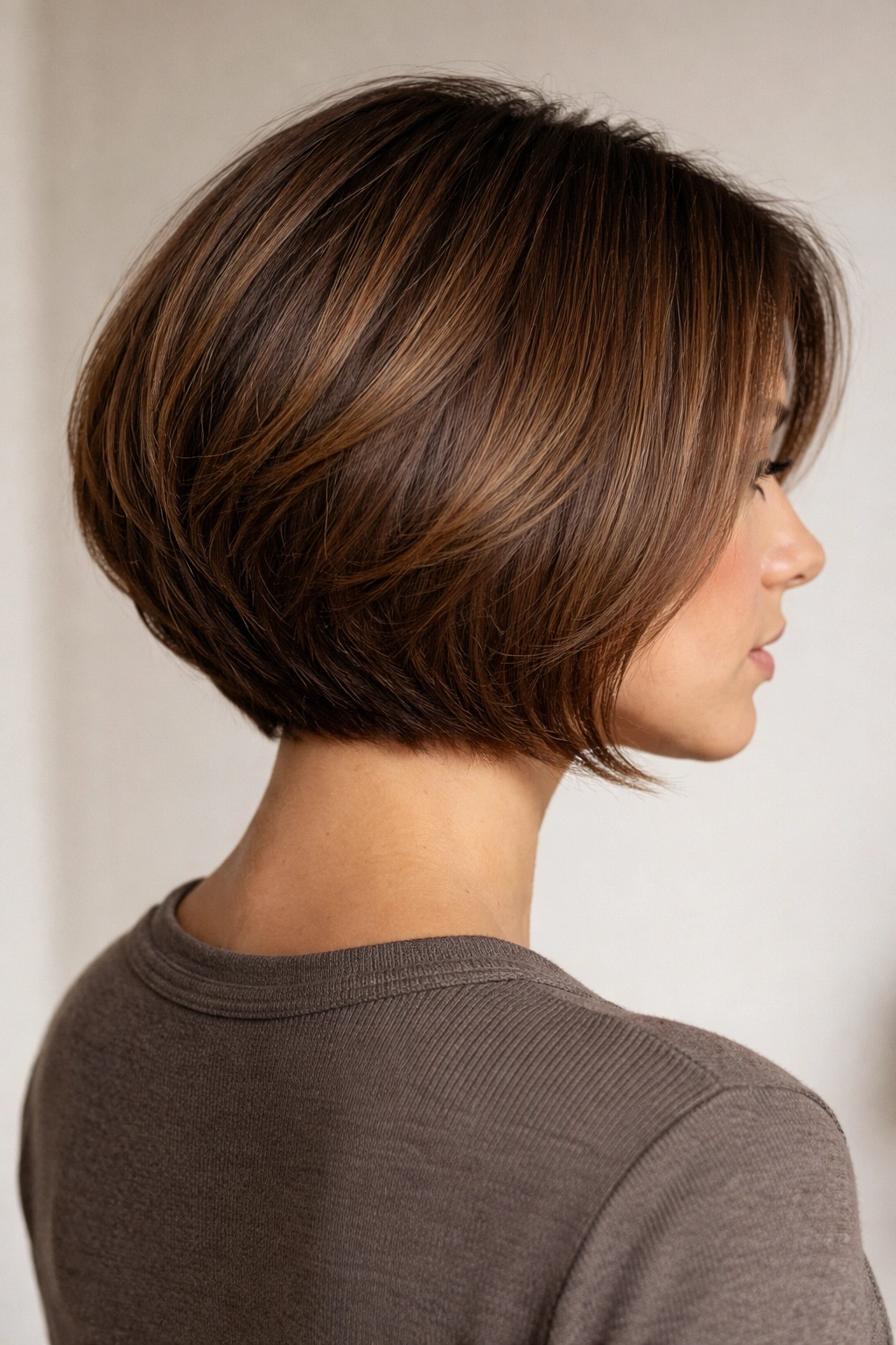 15 Short Low Maintenance Cuts For A Busy Life 4 Close-up of rounded bob with stacked layers hairstyle