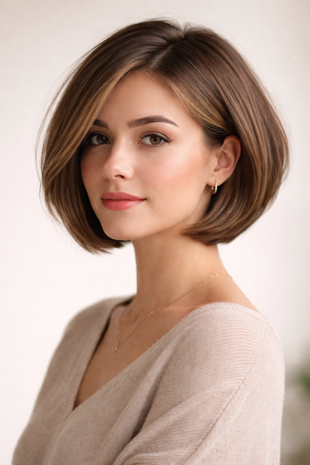 15 Chin Length Haircuts That Slim And Sculpt 14 Head-and-shoulders view of a rounded bob with subtle graduation and soft layers