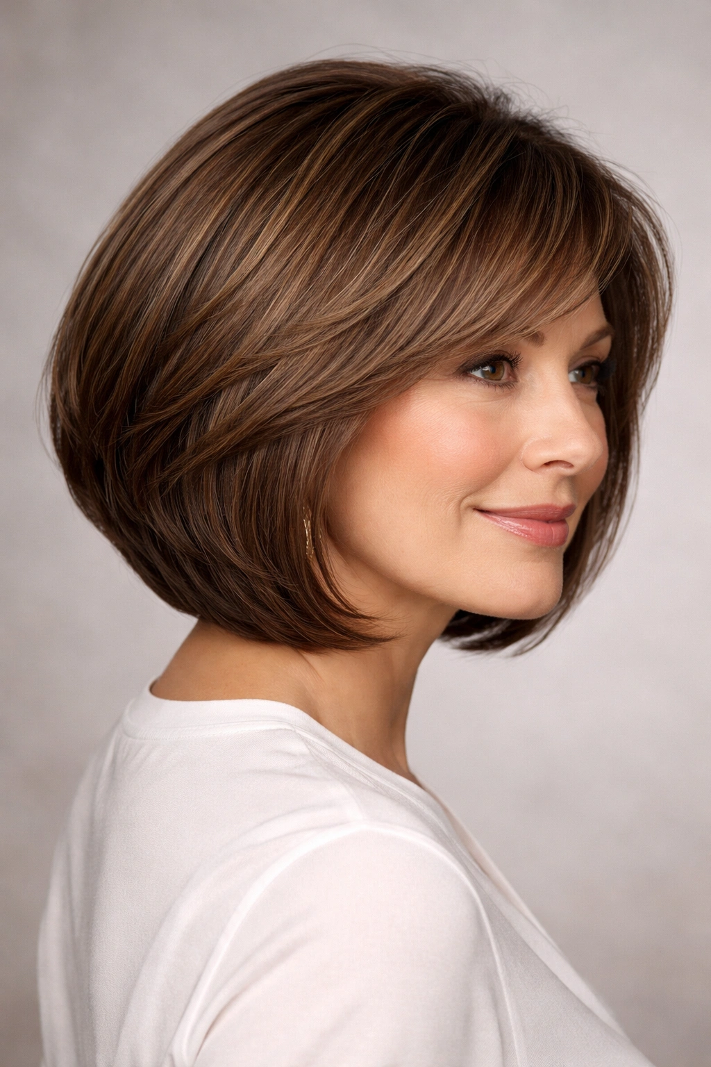 Rounded bob with subtle layers on thick hair