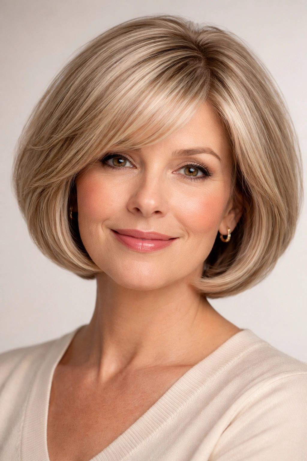 Close-up of thick hair styled in a rounded bob framing the jawline