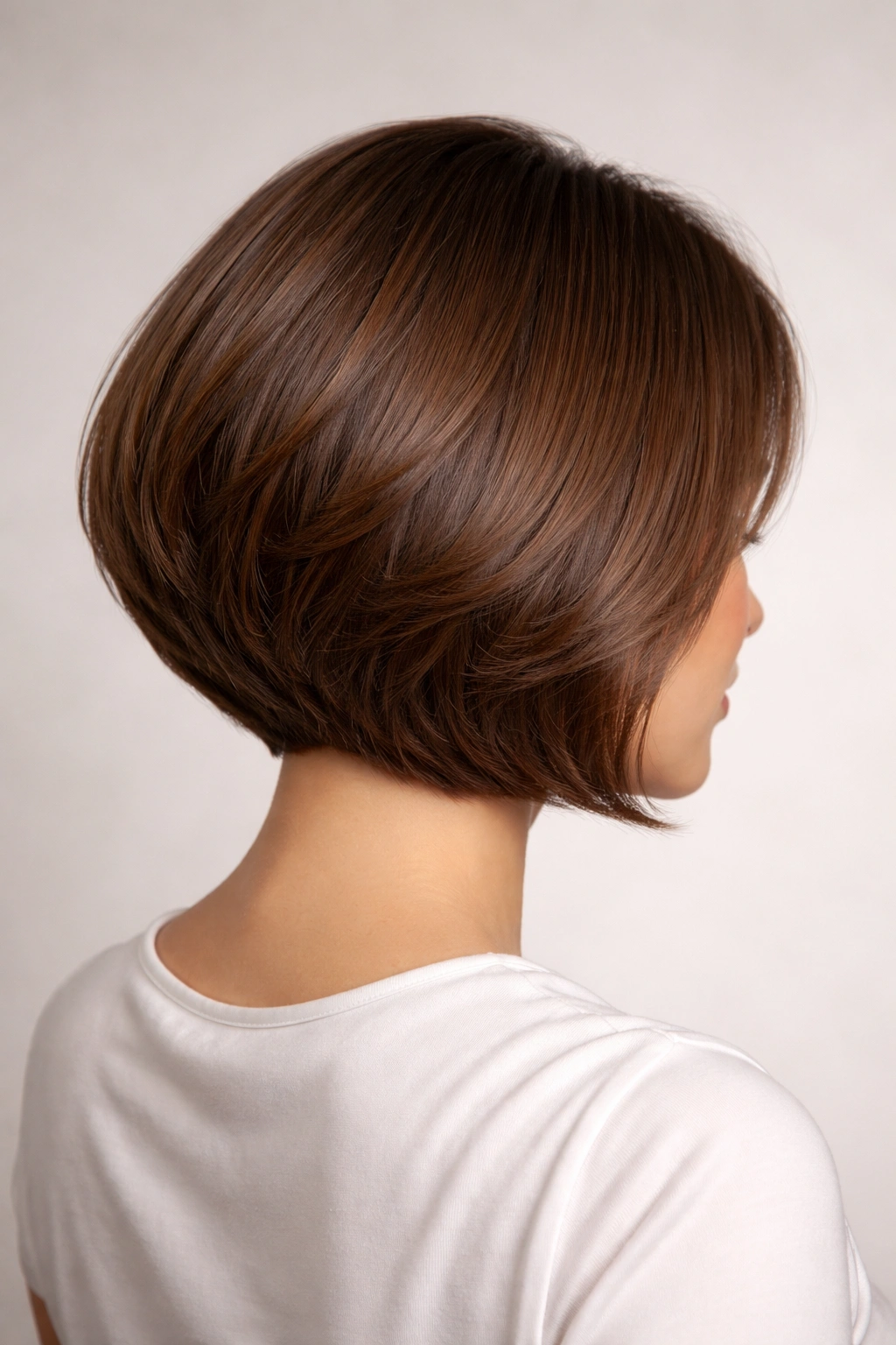 Back-to-three-quarter view of a rounded bob with full back and curved silhouette