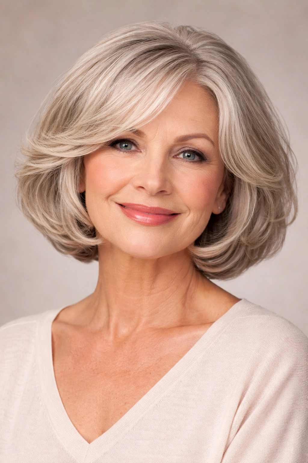 Rounded bob with soft waves on thick hair