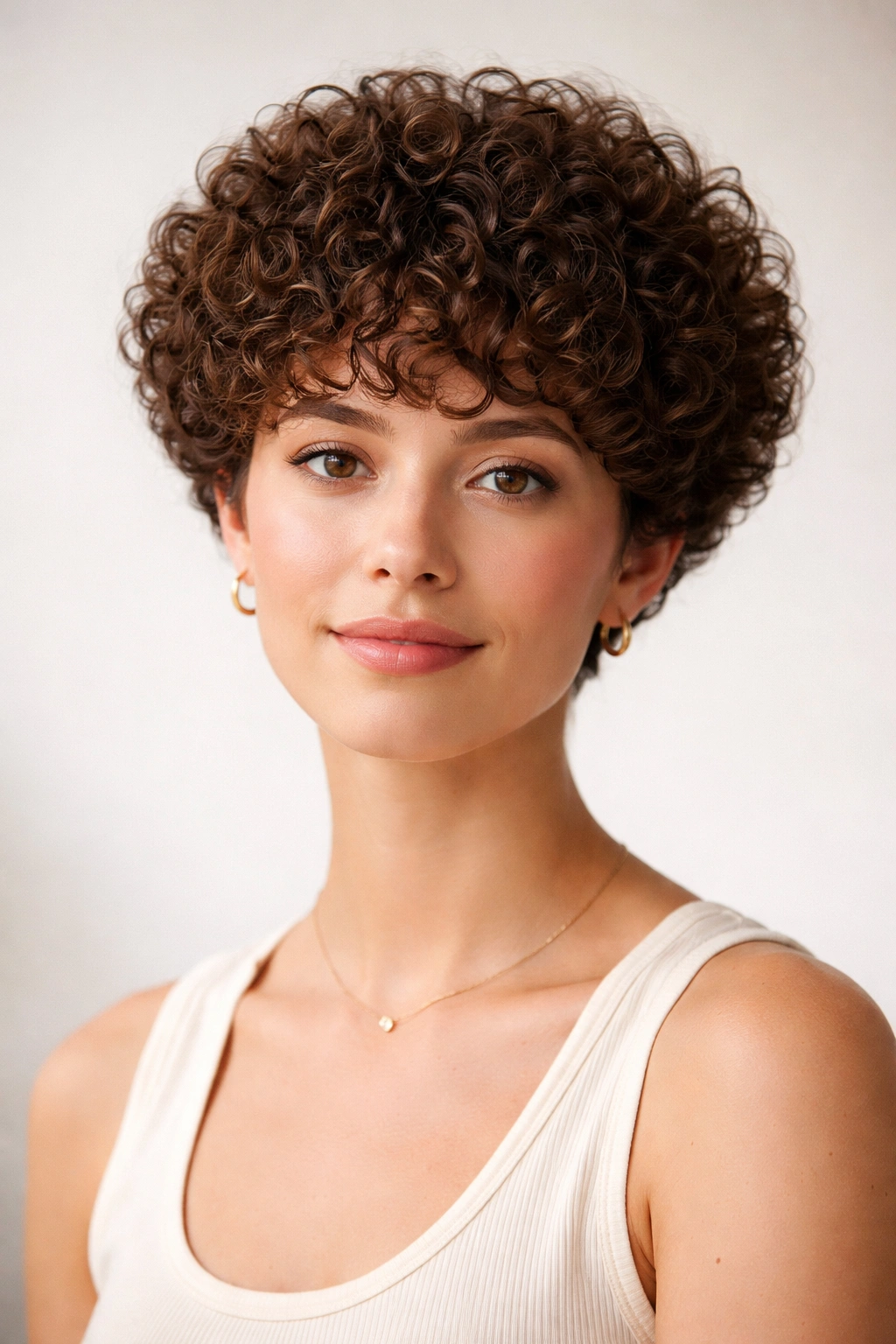 20 Short Curly Haircuts That Look Incredible 12 Portrait of a person with a rounded crop hairstyle showing a soft helmet-like shape.