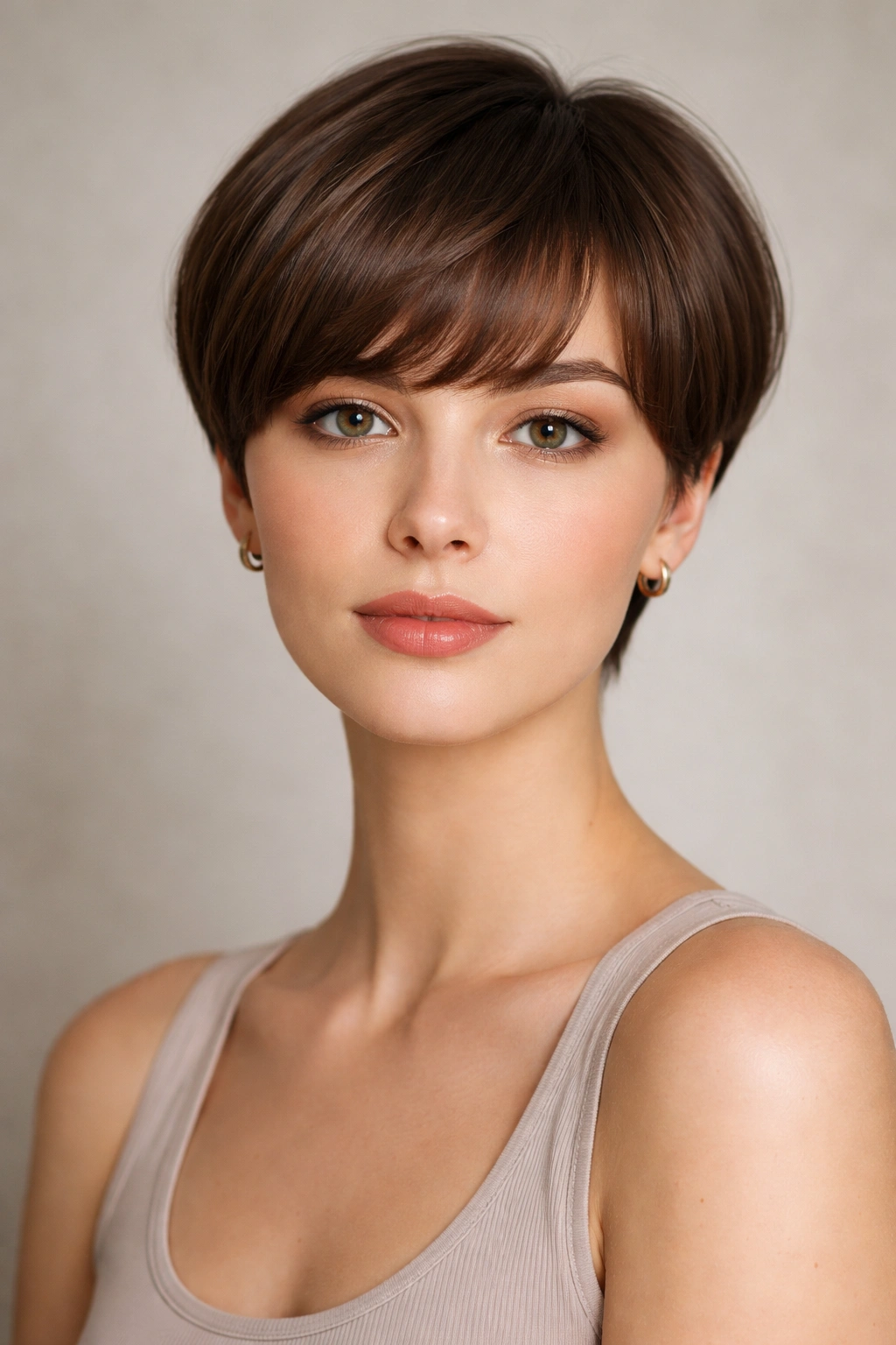 Portrait of rounded crop with curved bangs framing the face