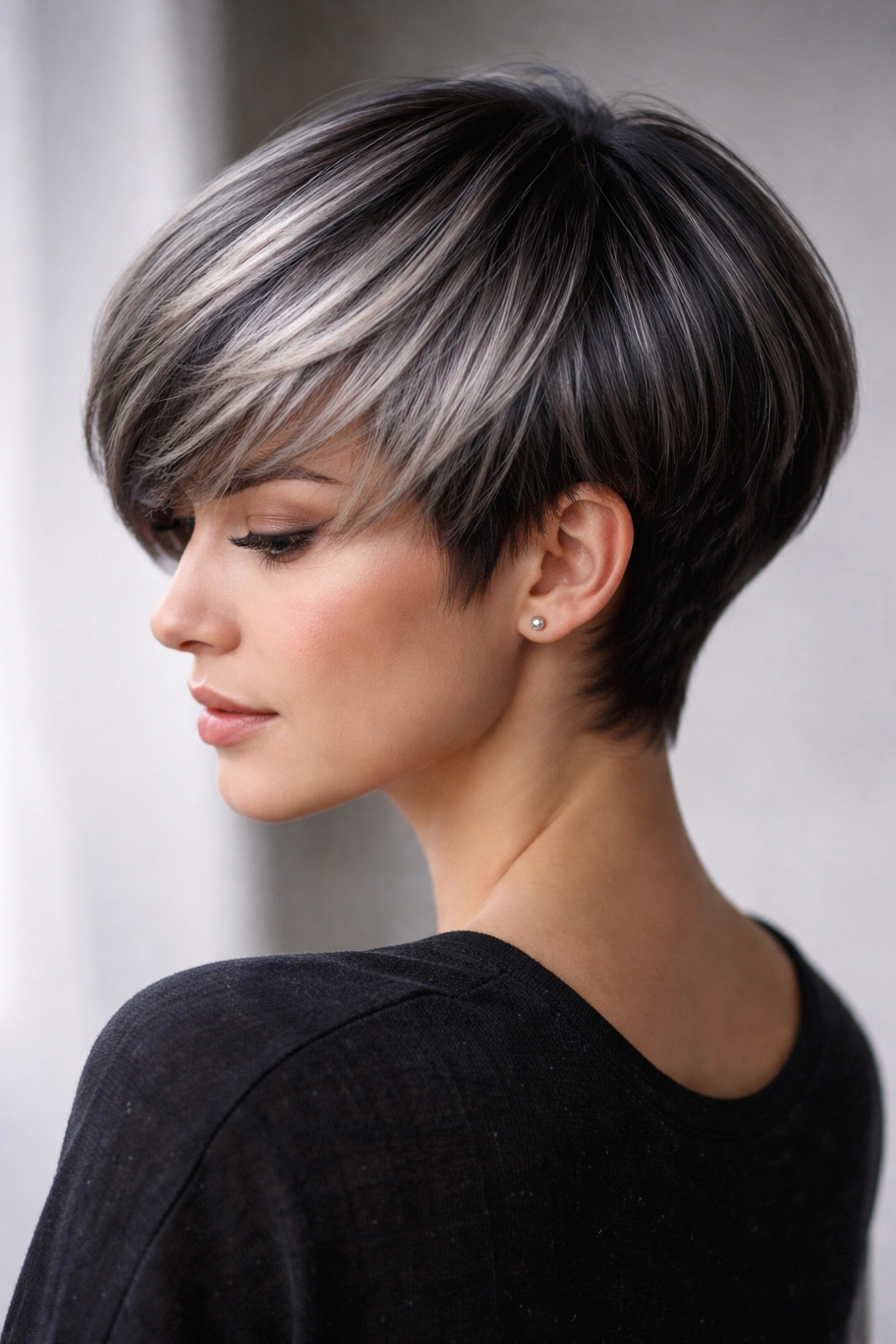 10 Short Haircuts Accented With Soft Gray Highlights 10 Rounded crop with gradient gray highlighting the head's curve and depth.