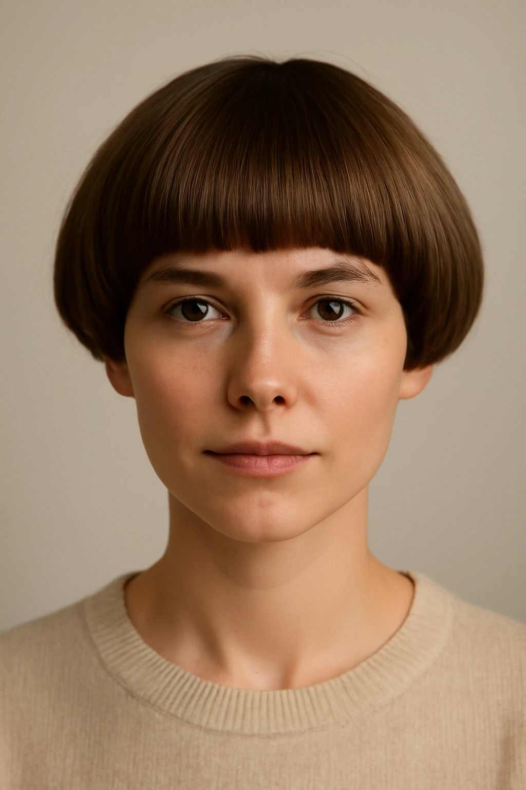 Front view of a rounded crop hairstyle with a hat-like silhouette.
