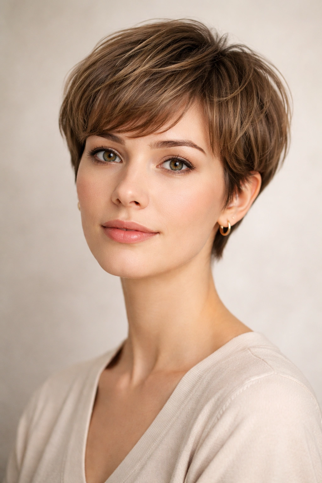Close-up portrait of a person with a rounded crop for an oblong face