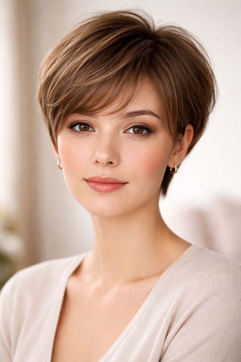 25 Short Haircuts Matched To Your Face Shape 15 Pear-faced model in a soft rounded crop with crown lift