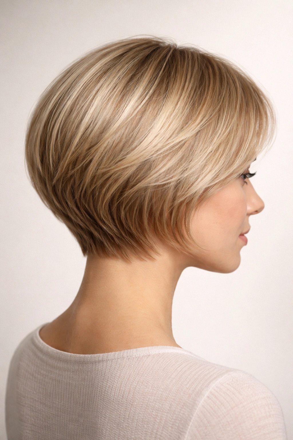 Close-up of a rounded crop hairstyle with subtle layers on fine hair, soft studio lighting.