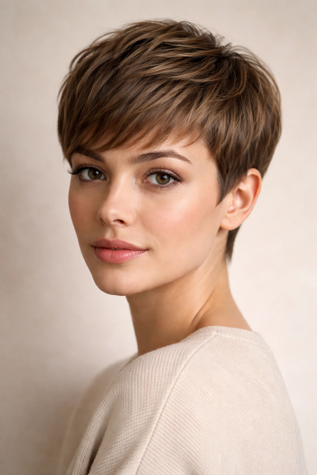 Rounded crop hairstyle with textured crown