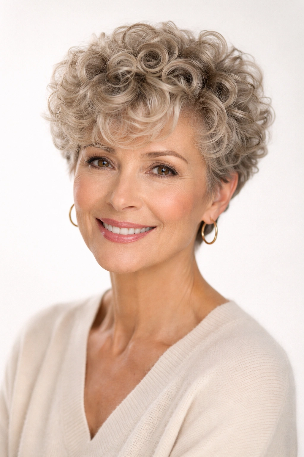 Rounded curly pixie cut with volume for fine hair