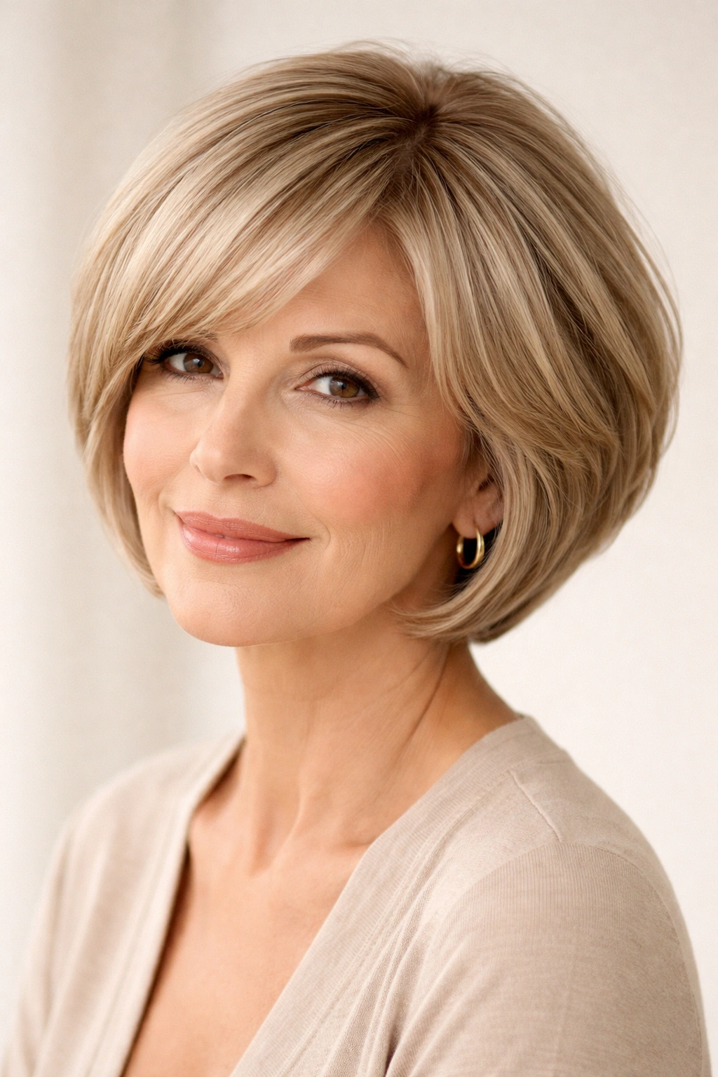 Rounded layered bob with lifted crown and soft jawline frame