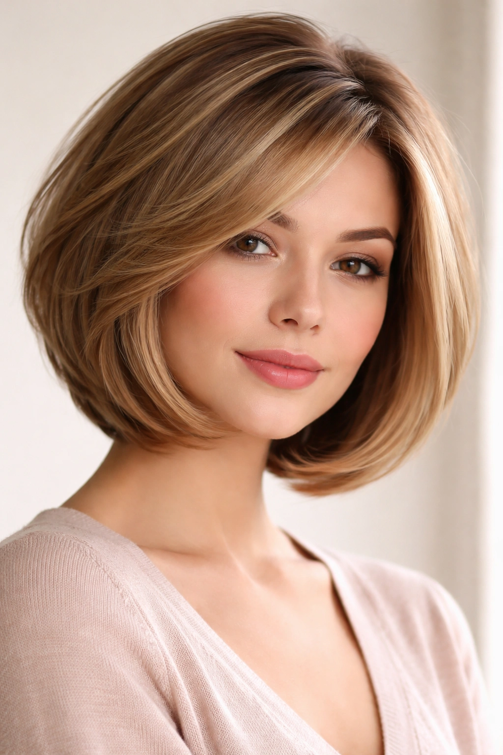Rounded layered bob with soft texture and curved silhouette
