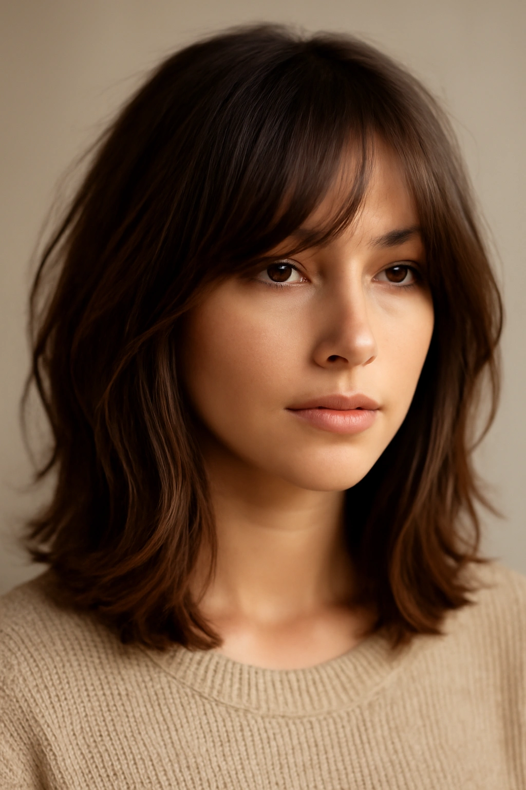 25 Medium Haircuts You’ll Want to Try Immediately 18 Rounded lob hairstyle with long face-framing bangs.