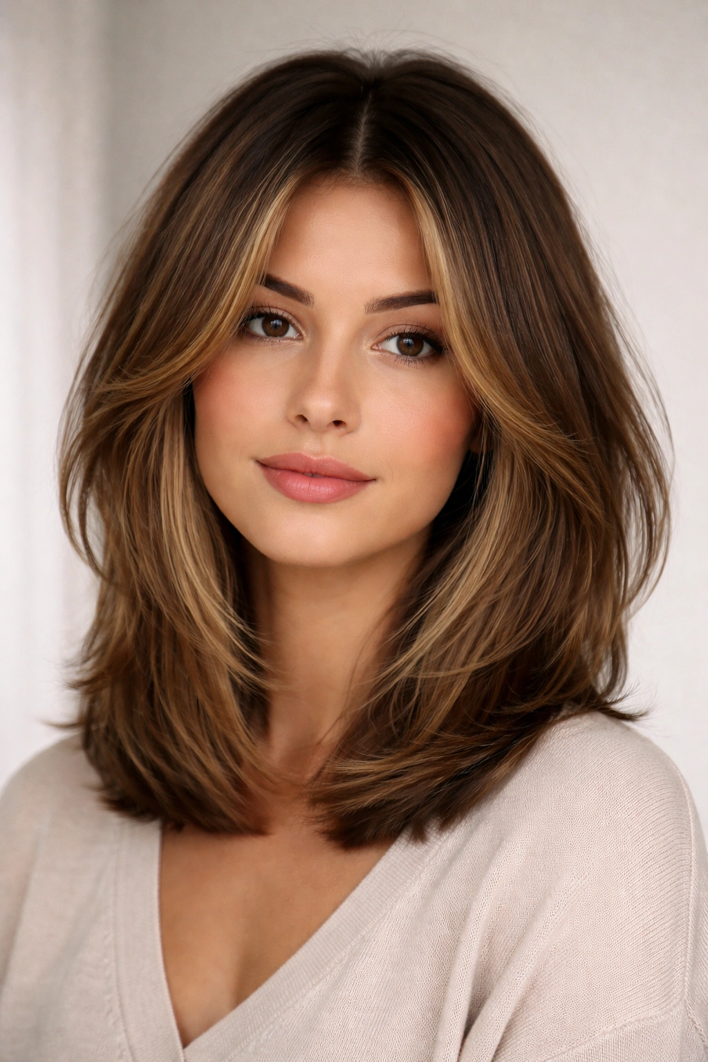 Rounded lob hairstyle with thick face-framing layers
