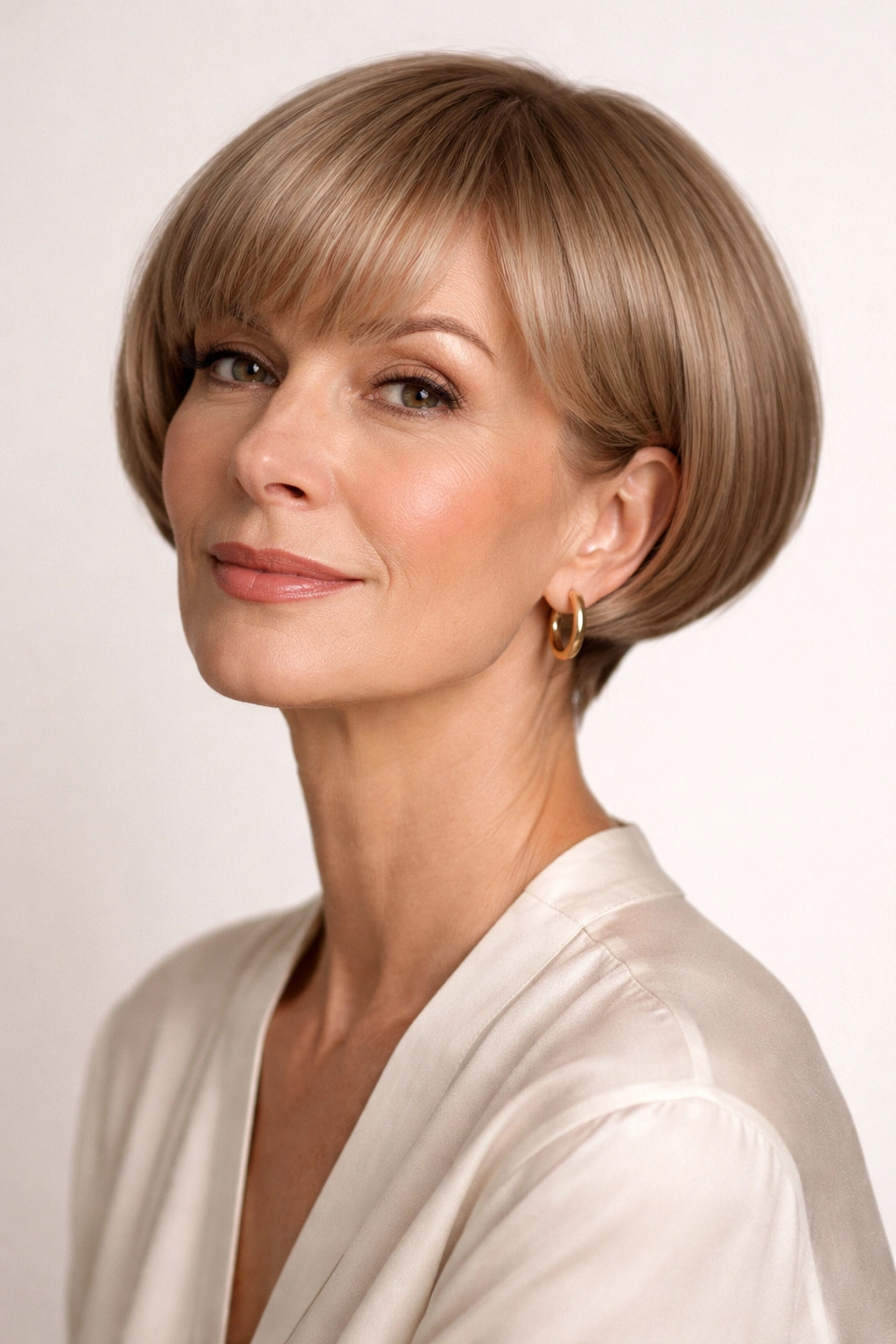 Portrait of a woman with a rounded micro bob showing helmet-like silhouette