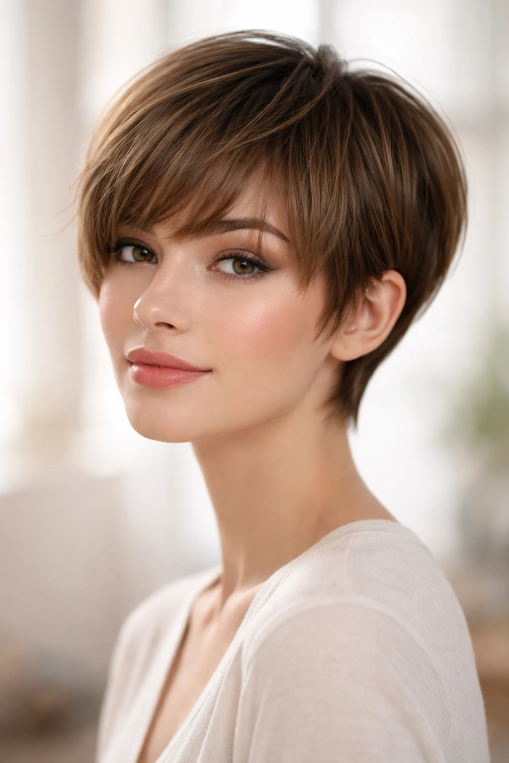 20 Very Short Haircuts That Still Look Feminine 16 Rounded pixie with feathered soft bangs framing the face.