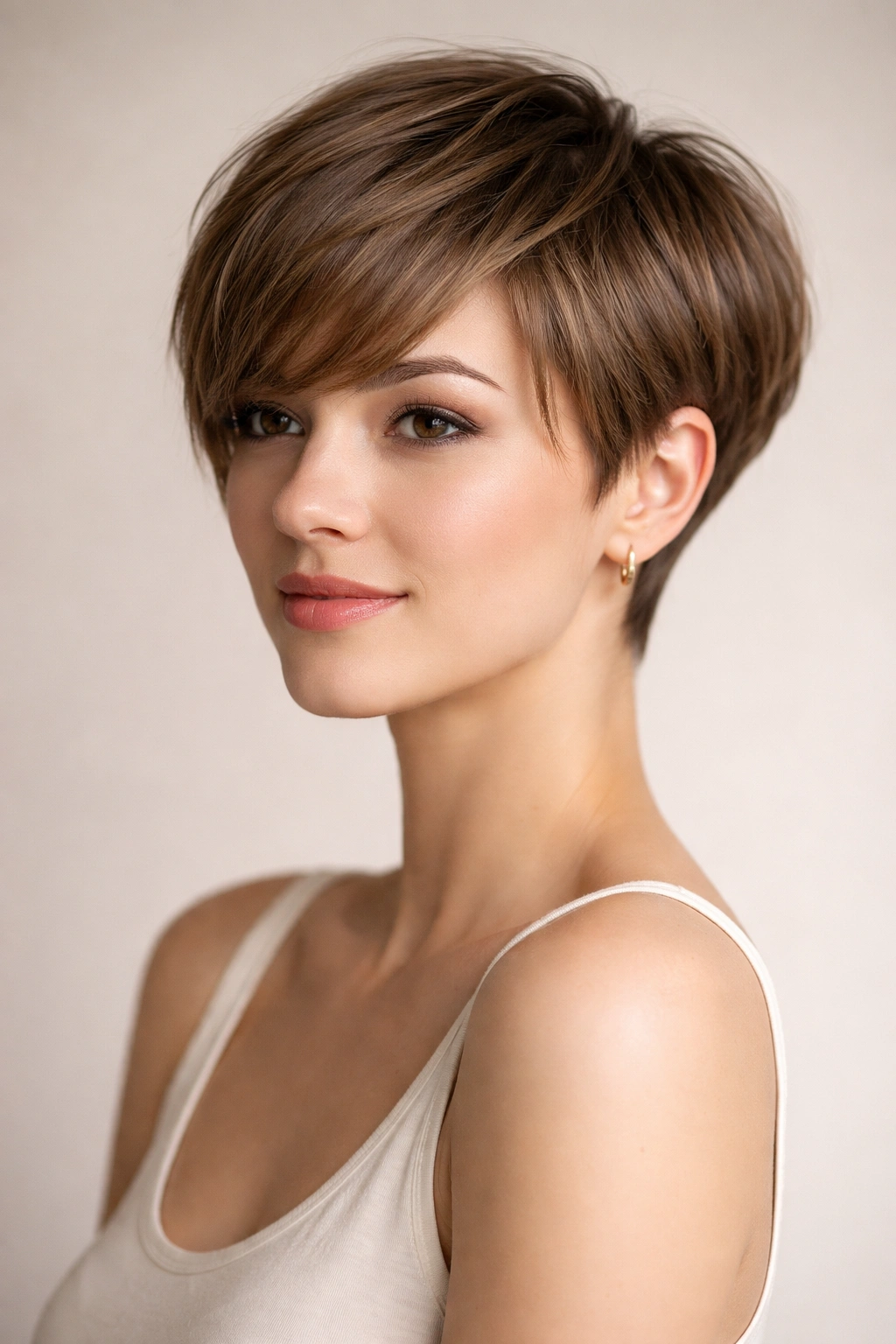 Three-quarter view of rounded pixie with long textured bangs
