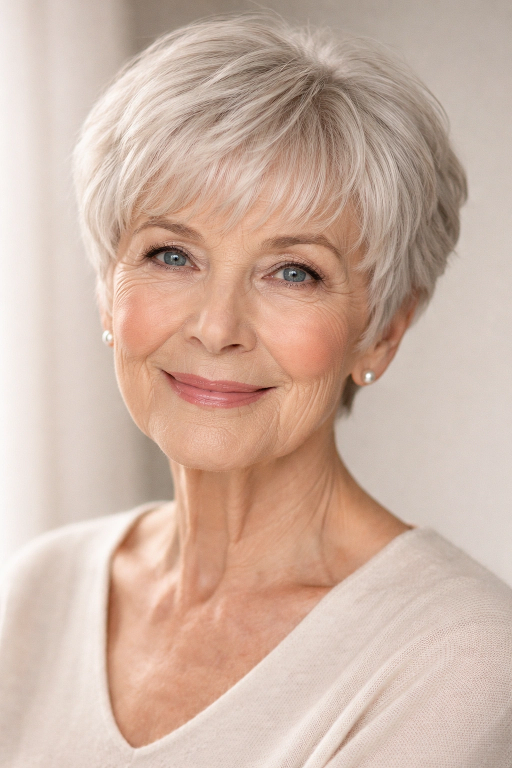 Close-up of a woman with a rounded pixie and gentle bangs