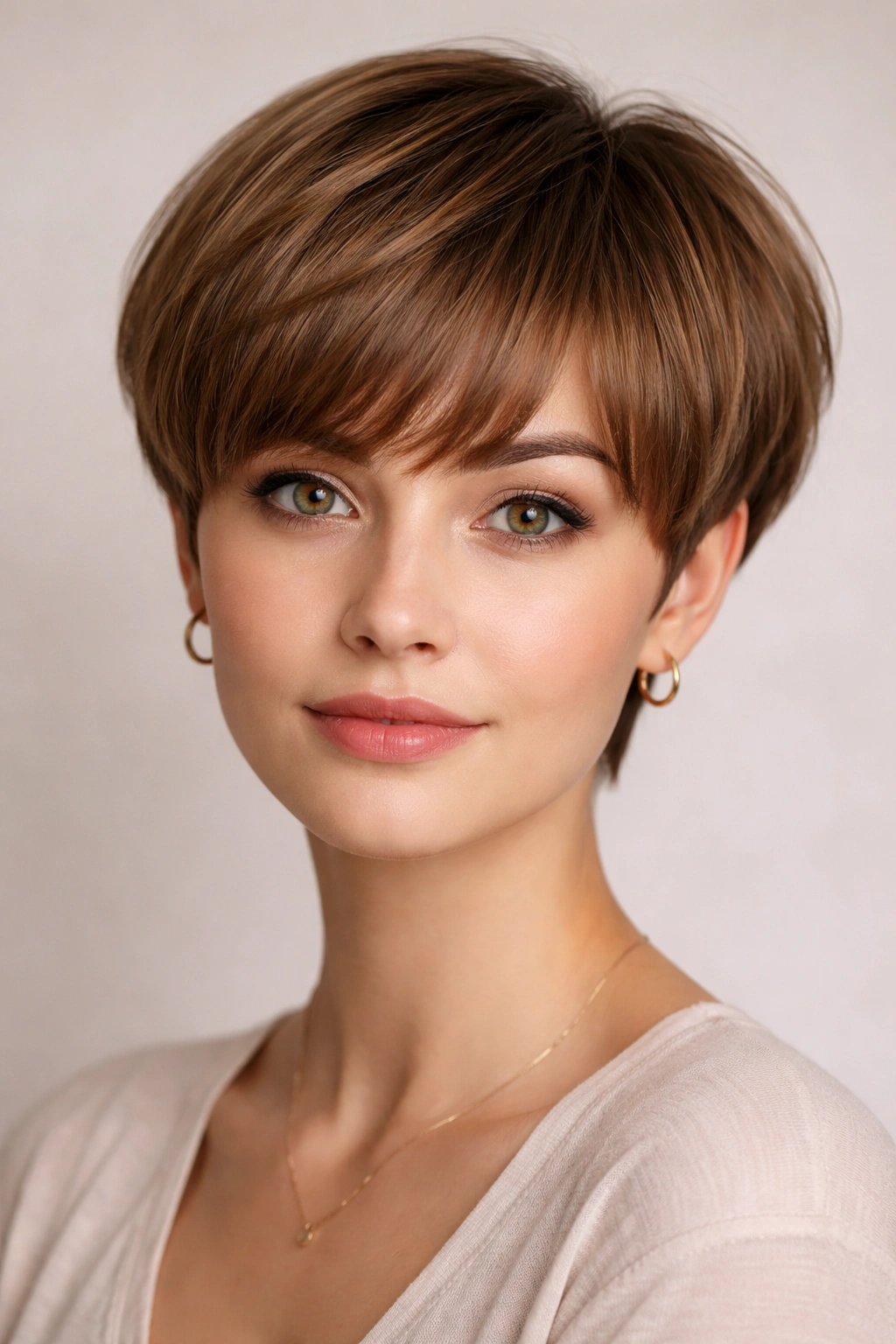 Front portrait of rounded pixie with bangs showing crown lift