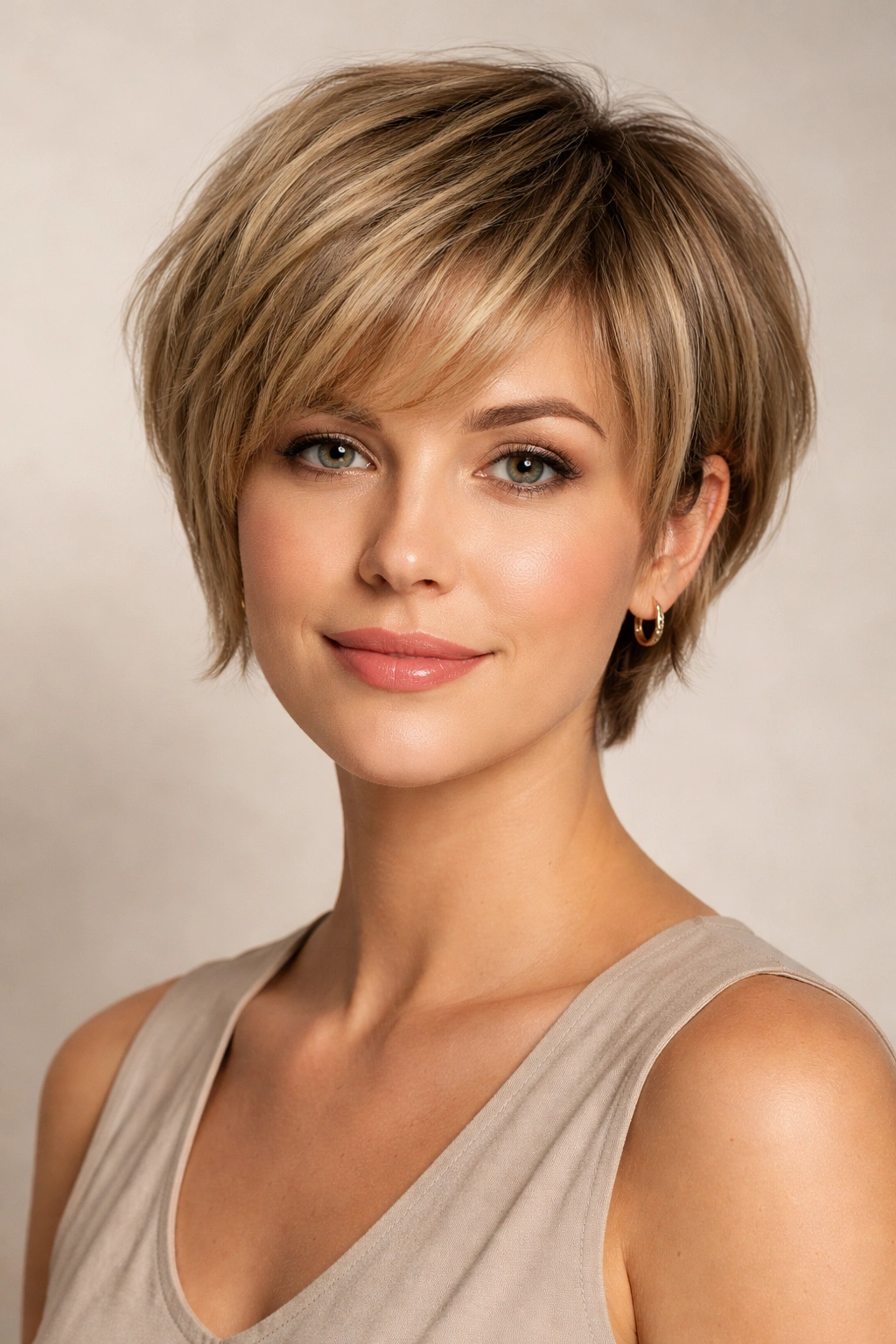 Rounded pixie-bob hybrid hairstyle showing rounded silhouette and textured layers