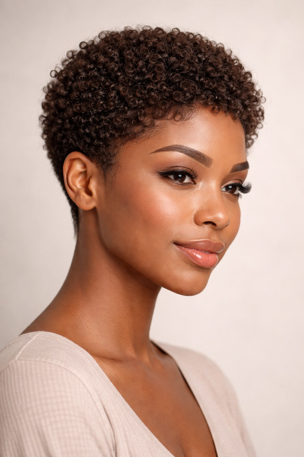 Portrait of a rounded pixie for coily hair highlighting coil texture and full silhouette.