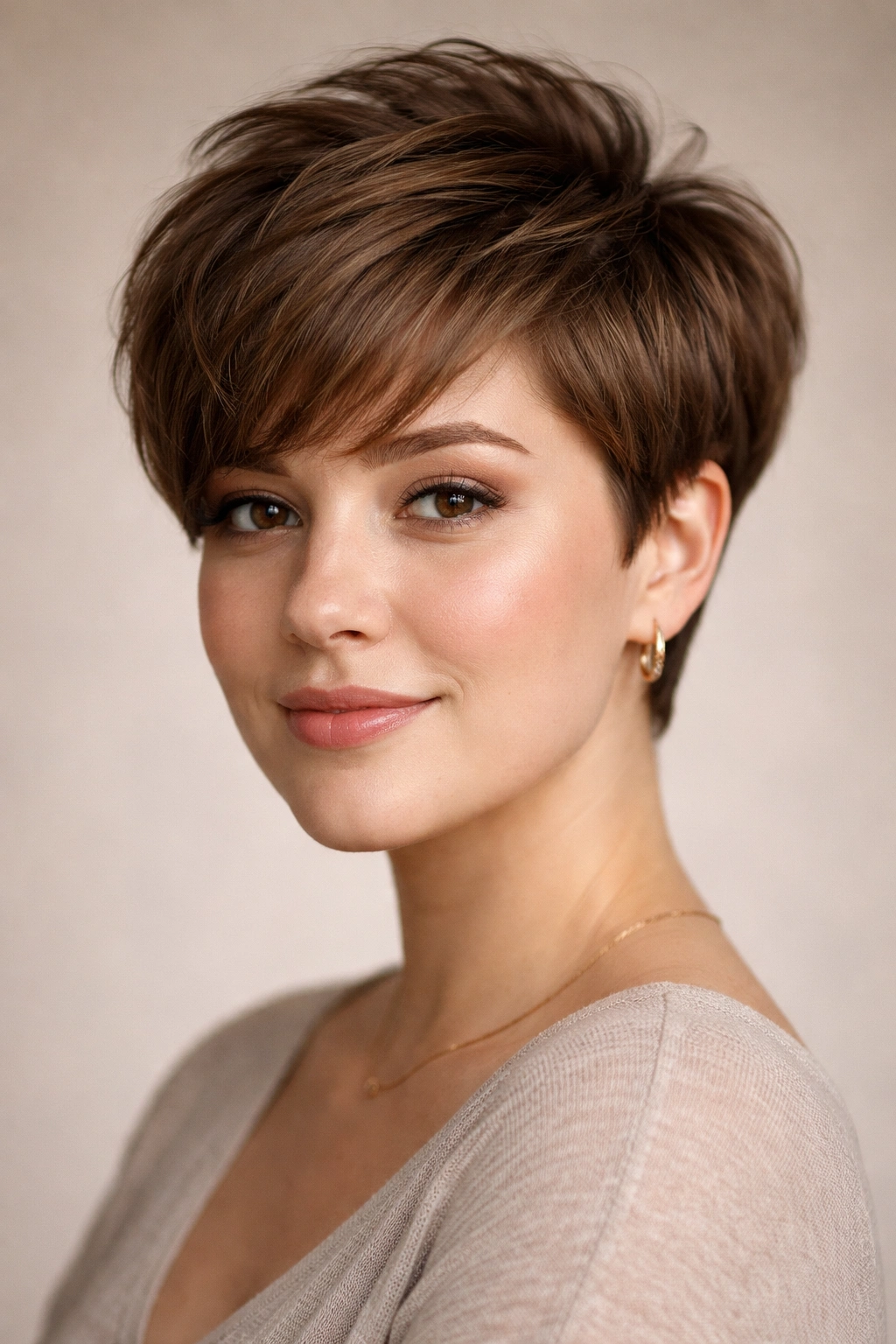 15 Pixie Cuts That Suit Every Face Shape 2 Portrait of a model with a rounded pixie adding crown height to balance a full face