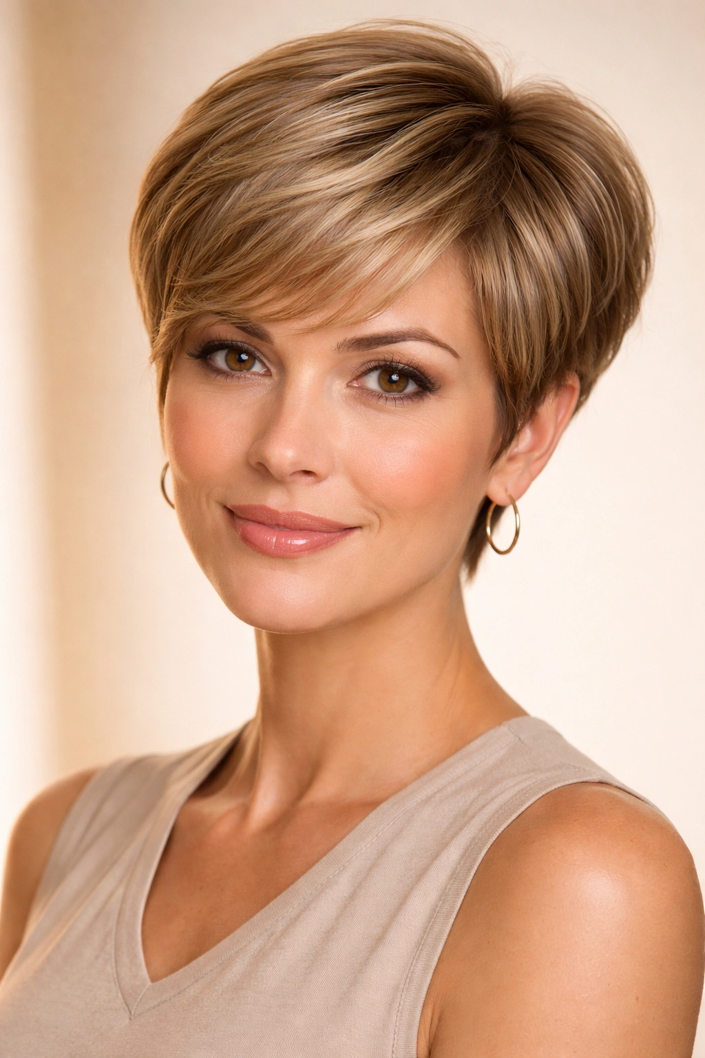 Portrait of a woman with a rounded pixie cut and voluminous crown