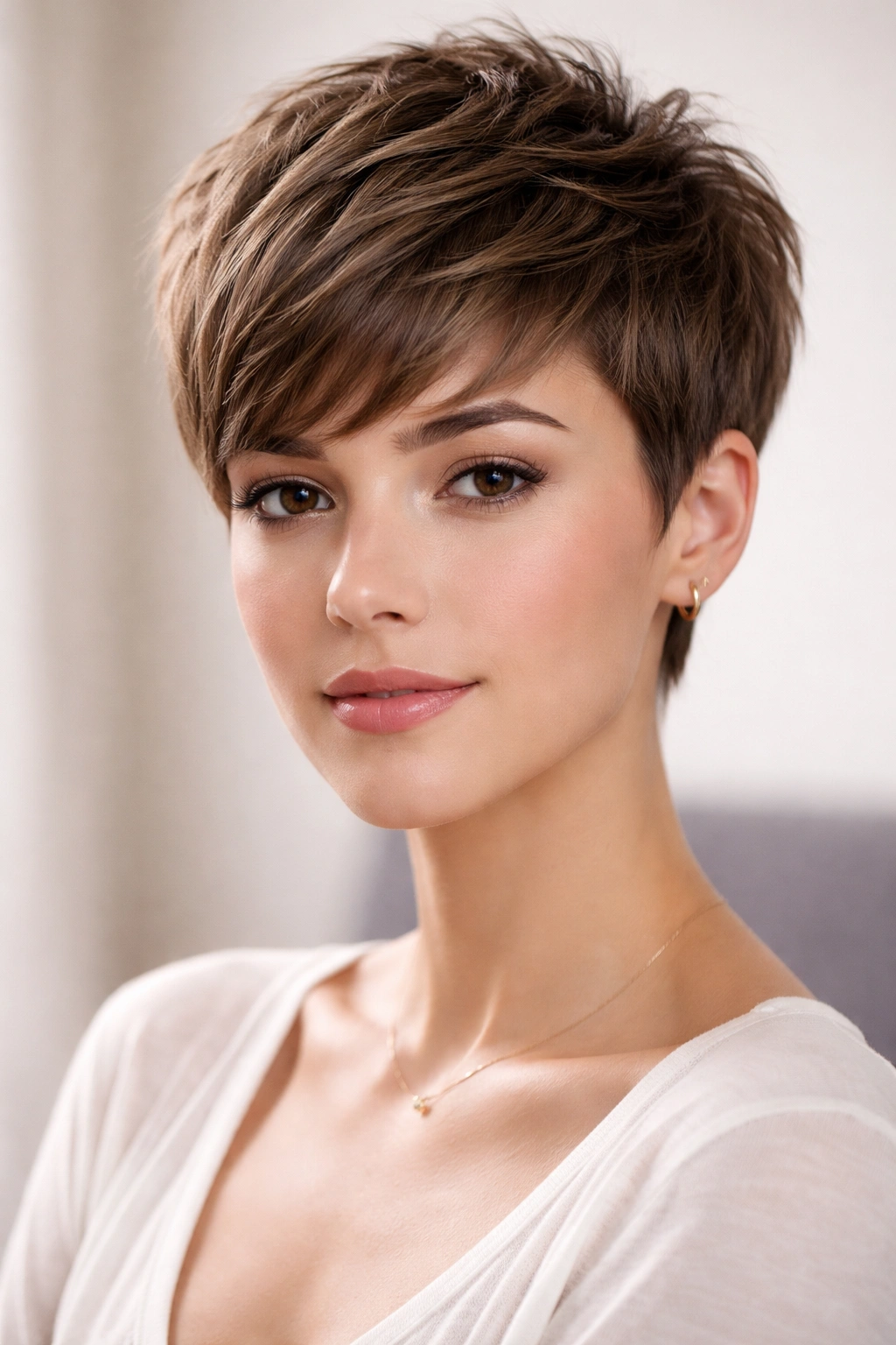 Rounded pixie with textured crown showing lift on the crown