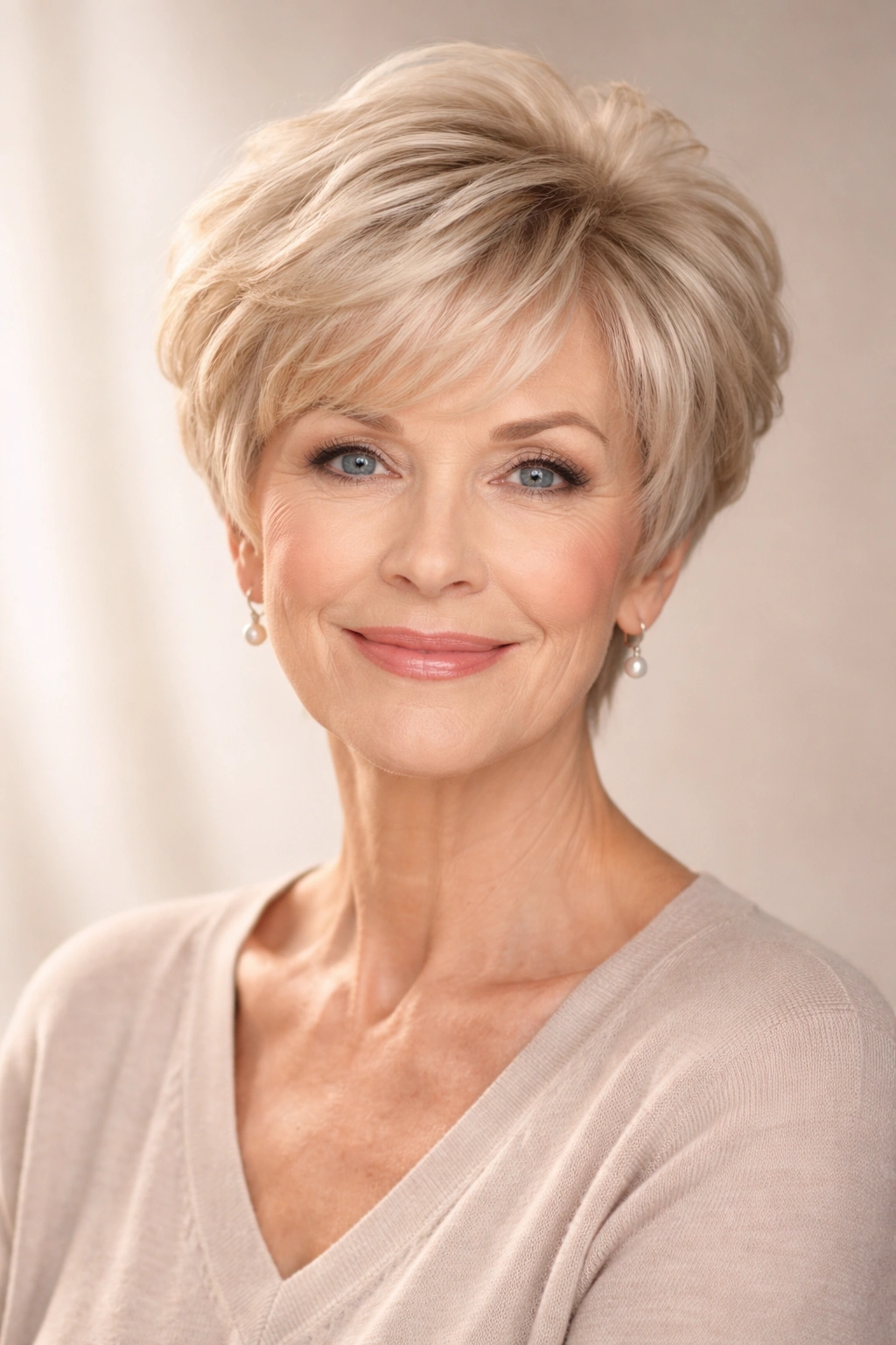 Soft rounded pixie with crown volume and gentle texture