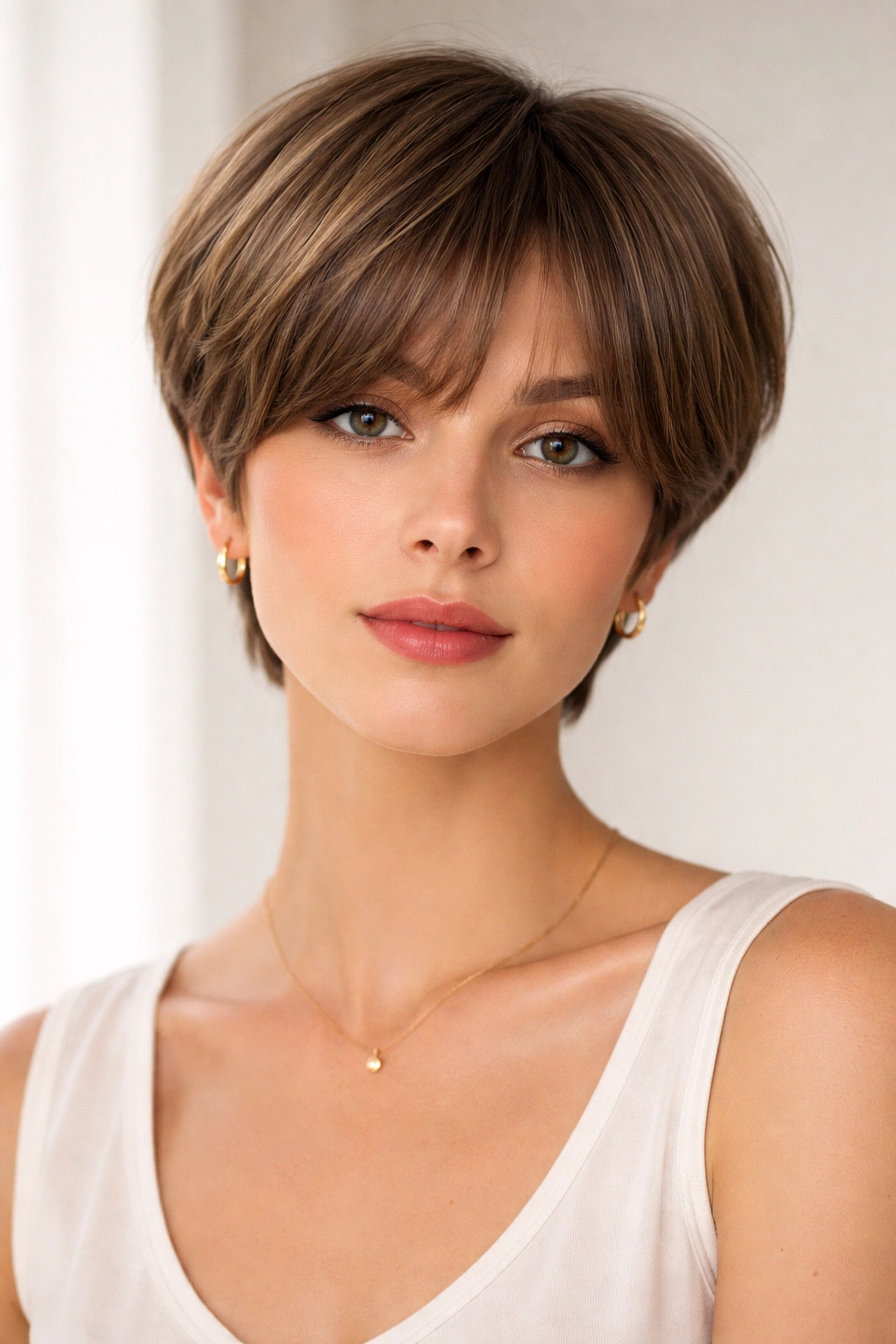 12 Short Haircuts Styled With Curtain Bangs 7 Close-up portrait of a person with a rounded pixie and soft curtain bangs in a studio