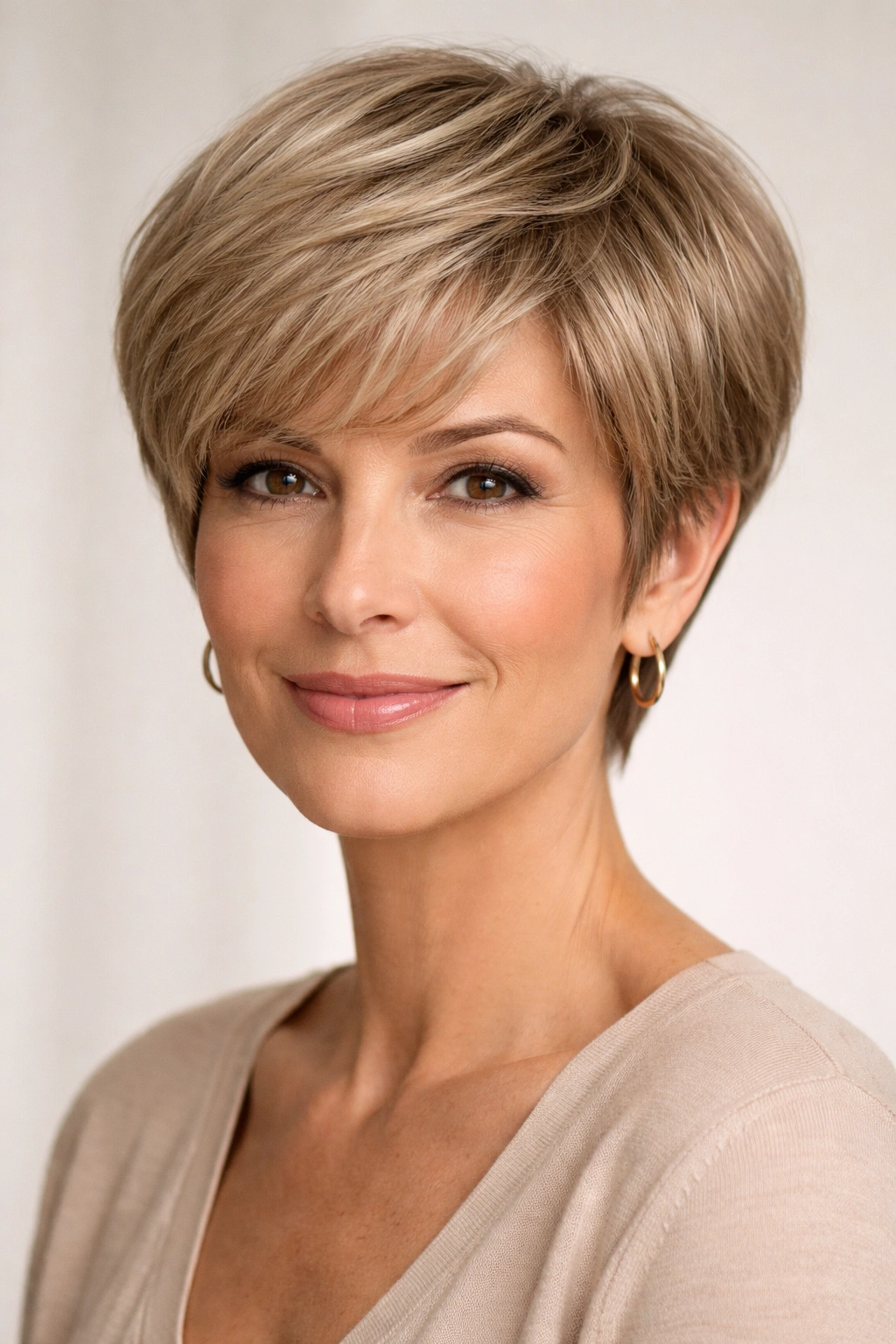 Rounded pixie cut showing longer top and softened edges in studio portrait